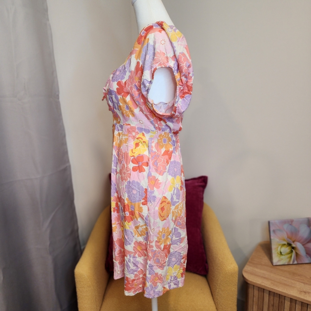 SO Womans Large Spring Floral V Neck Keyhole Aline Mini Dress Tropical Sherbert - Picture 3 of 6